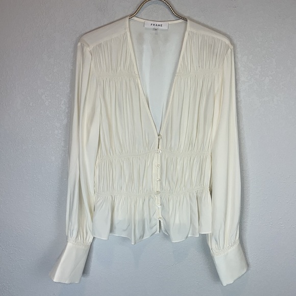 Frame Ruched V-Neck Silk Blouse Off White Large- New - Picture 2 of 14